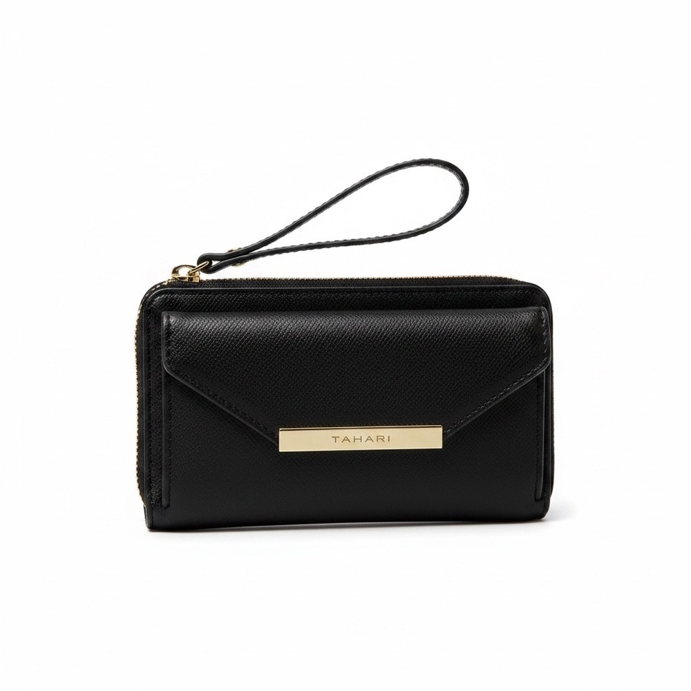 Tahari Goth Black Zip Around Wristlet Wallet Safekeeper Gold Logo Plate Travel